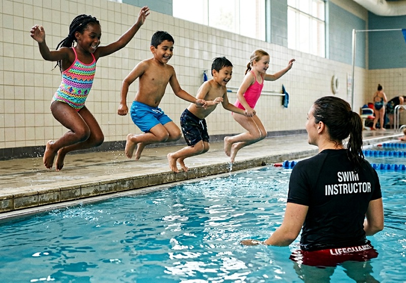 Children jumping into a swimming pool