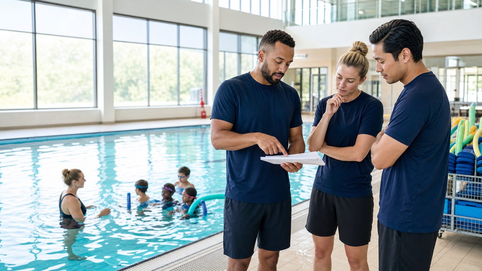 Head swim teacher discussing a lesson sequence with instructors beside a supervised class at an indoor pool