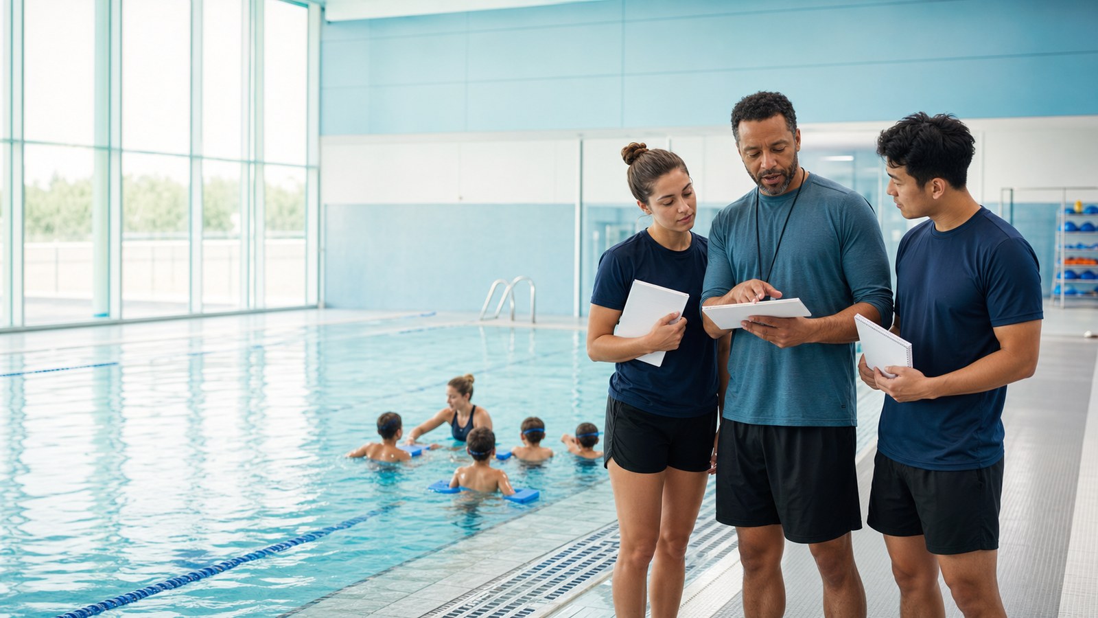Experienced head teacher coaching two swim instructors beside a supervised lesson in a bright aquatic centre