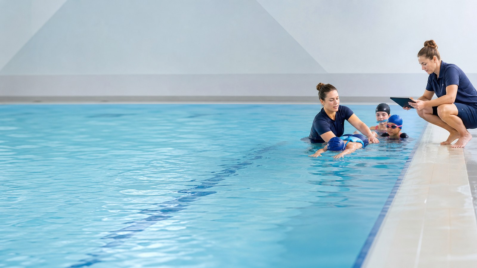 Swim instructor observing a child practise a supported float while another instructor records progress at poolside